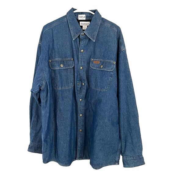 Vtg Carhartt Men Blue Cotton Denim Trucker Jacket L Pockets Long Sleeve Normcore - Picture 1 of 8